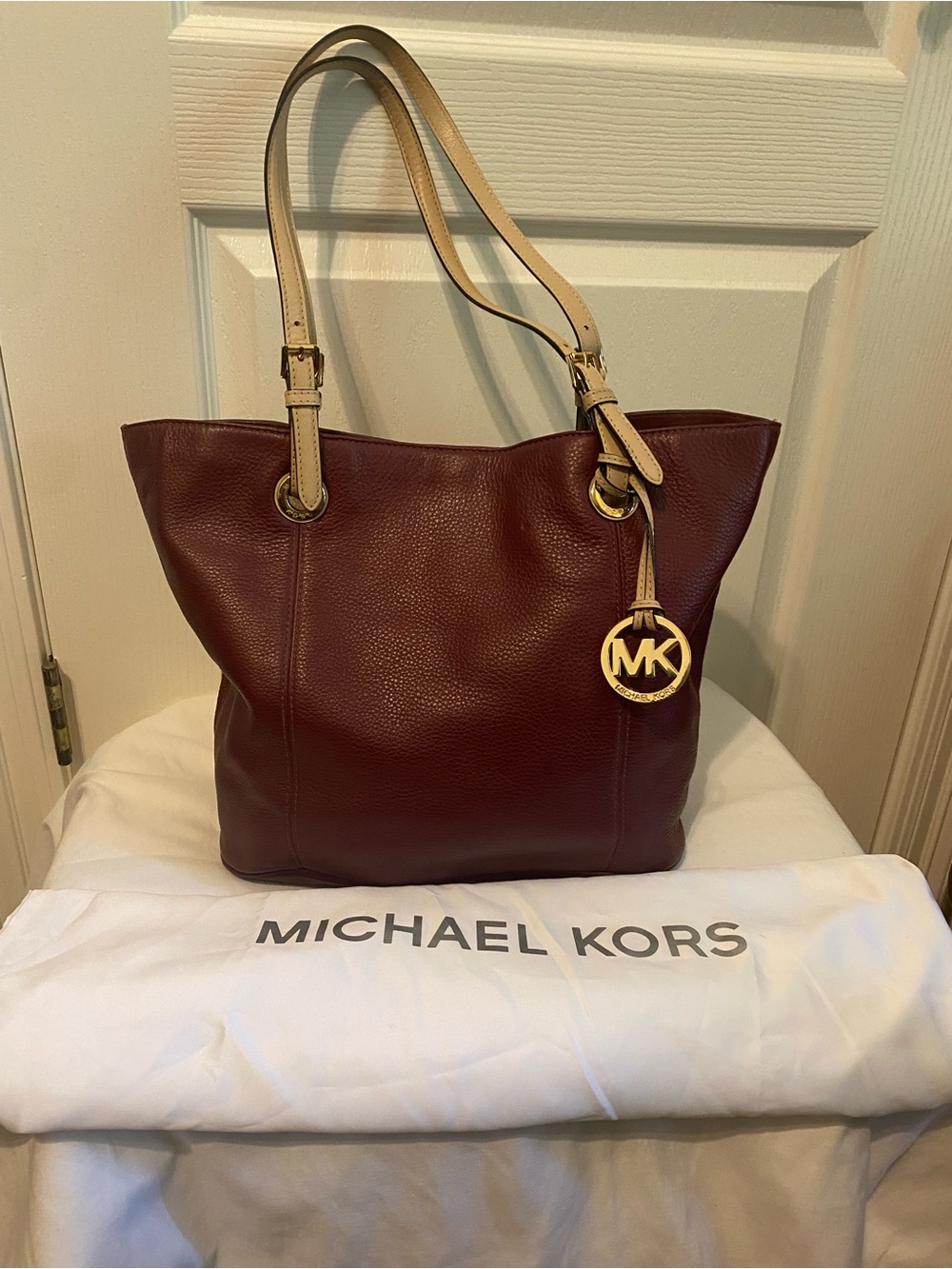 Michael Kors Wine Leather Tote with Cream Straps